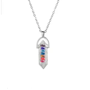 Detailed view of the chakra hexagonal pillar pendant necklace with colorful crystal rhinestones.