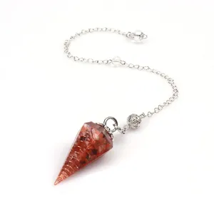 Red crystal gemstone pendulum necklace with resin cone chips and silver metal chain