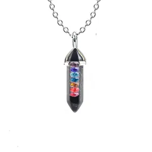 Chakra crystal hexagonal bullet pillar pendant necklace with colorful rhinestones on alloy chain.