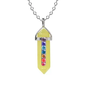 Silver-tone hexagonal crystal bullet pendant necklace with multi-colored rhinestones chic