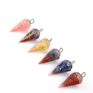 Natural crystal chip resin cone pendulum pendants set, healing chakra crystal dowsing jewelry.
