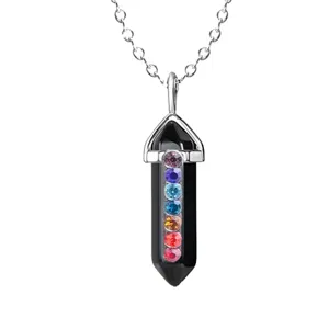 Crystal bullet pillar pendant necklace with colorful rhinestones on silver chain.