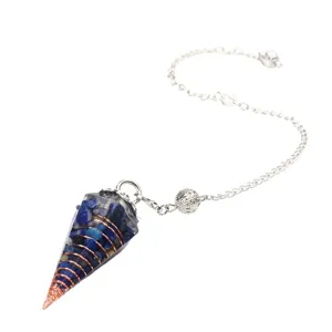 Natural crystal resin cone dowsing pendulum necklace with metal chain for divination healing.