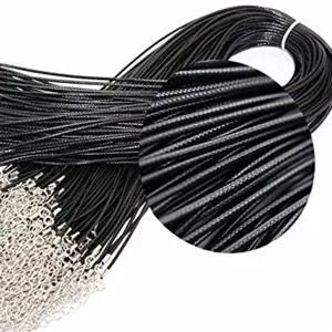 Detail view of black PU leather waxed cord necklace rope with lobster clasp for jewelry making.