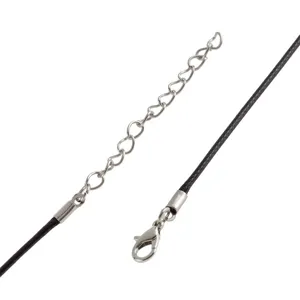 Black PU leather cord necklace detail with silver lobster clasp and extension chain.