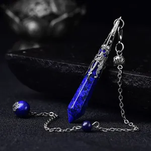 Natural lapis lazuli crystal pendulum hexagonal column necklace pendant detail view.