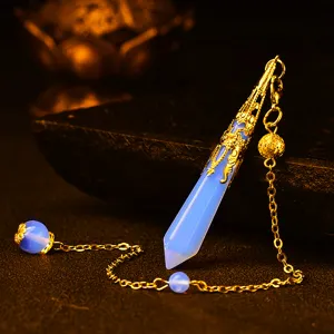 Natural stone pendulum hexagonal bullet pendant with golden filigree cap and beaded chain.