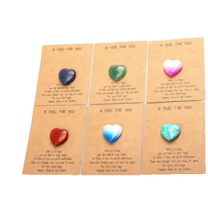 Heart shaped crystal pocket hug stones with kraft paper greeting cards, 6 piece set gift.