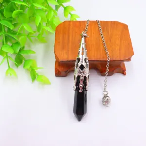 Black hexagonal column crystal pendulum pendant with silver metal cap and chain.