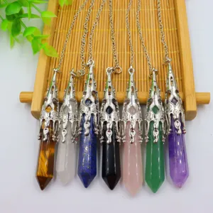 Natural crystal hexagon bullet pendant necklace vintage gemstone dowsing pendulum for women
