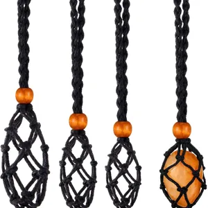 Cordón de Collar de Bolsa de Malla Tejida a Mano para Piedra de Cristal Cuerda de Colgante Ajustable Retro Con Cuentas de Madera Accesorio de Collar DIY