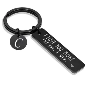 Schwarzer Edelstahl Schlüsselanhänger mit Buchstabe C und romantischem Spruch für Paare.
