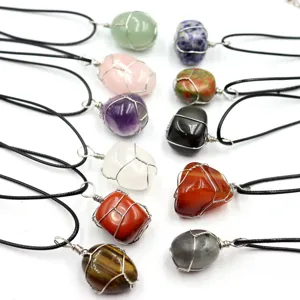 Natural tumbled stone wire wrapped crystal pendant necklace set, assorted gemstone jewelry