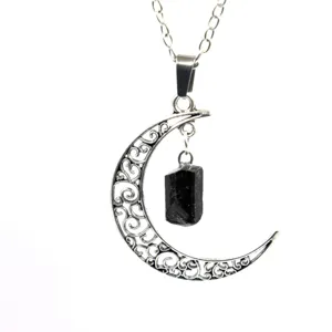 Collar con Colgante de Estrella y Luna de Piedra Natural de Aleación Vintage Colgante de Media Luna Calada con Gema Bruta Turmalina Negra Amatista Cadena de Suéter para Mujer