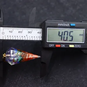 Detailed size view of the colorful crushed stone crystal pendulum pendant, 40.5mm length