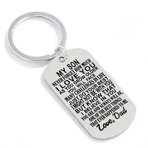 Stainless steel dad to son engraved keychain detail showing the inspiring motivational message pendant.