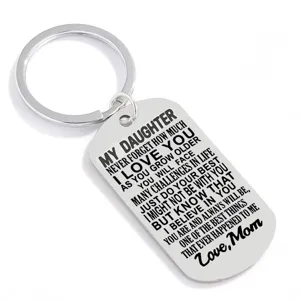 Stainless steel family inspirational dog tag keychain detailed view, polished finish.