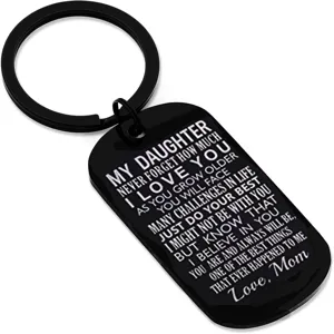 Black stainless steel inspirational dog tag keychain gift for daughter, family love.