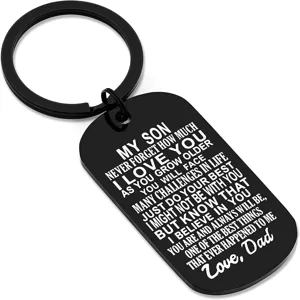 Stainless steel dog tag keychain with inspirational message for son, great graduation gift.