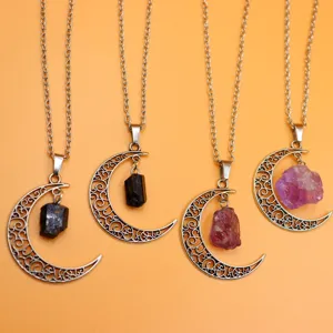 Collar de luna de cristal de piedra natural vintage con colgante de turmalina negra y amatista.