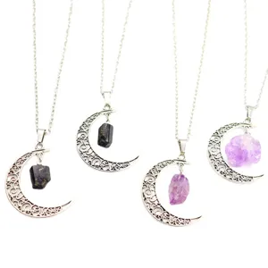 Collar de Colgante de Media Luna con Cristal de Turmalina Negra y Ametista Natural