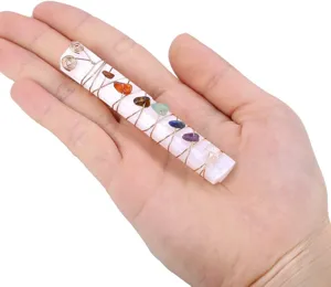Natural selenite crystal wand wrapped with colorful chakra stone chips, healing gemstone.