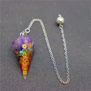 Hexagonal cone crystal pendulum resin chakra pendant necklace for healing spiritual meditation.
