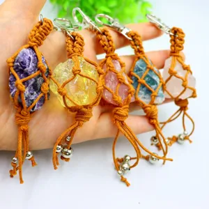 Natural crystal rough stone keychain retro woven net bag pendant car hanging ornament