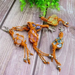 Natural crystal raw stone keychain handmade woven net macrame bag pendant healing crystal