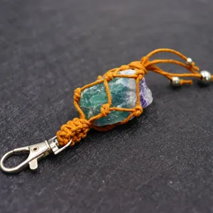 Natural crystal raw stone keychain, handmade braided net bag pendant and retro necklace decoration.