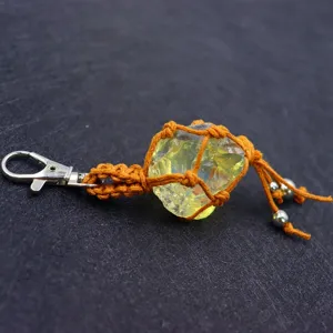 Natural raw crystal stone keychain with orange woven net, vintage metal clasp pendant.