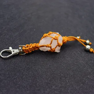 Natural crystal raw stone keychain bag pendant handmade woven net retro style car hanging
