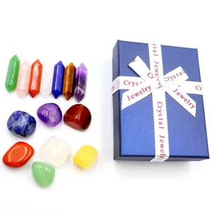 Natural crystal stone set with hexagonal double-pointed pillars and tumbled stones in a gift box.