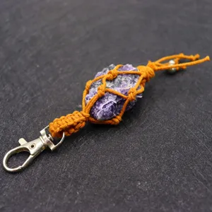Natural raw crystal stone keychain, retro handmade macrame woven bag pendant accessory.