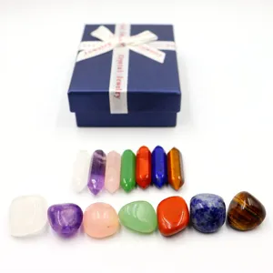 Natural crystal gemstone healing stones set with hexagonal pillars and tumbled stones gift box
