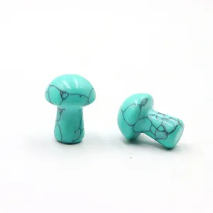 Mini turquoise stone mushroom figurine for miniature landscape fairy garden decor detail view.