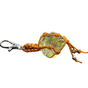 Natural raw crystal stone keychain, retro woven macrame bag pendant with metal clasp and beads.