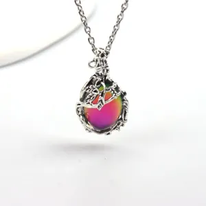 Close-up detail of vintage leaf vine wrapped colorful stone necklace pendant, exquisite craftsmanship.