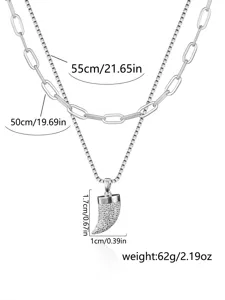 Double layer stainless steel horn pendant men necklace set with cz stones detail view