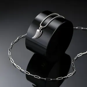 Men's double layer stainless steel necklace set with micro-pave cz horn pendant stylish