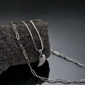 Men stainless steel double layer necklace set with brilliant zircon horn pendant design.