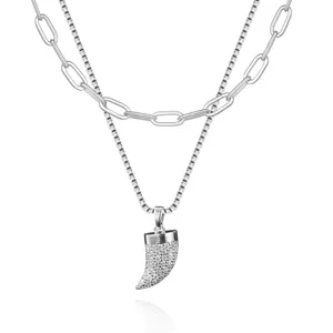 Men's double layer stainless steel chain necklace set with paved zircon horn pendant main