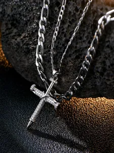 Hip hop stainless steel double layer layered nail cross Figaro chain necklace for men
