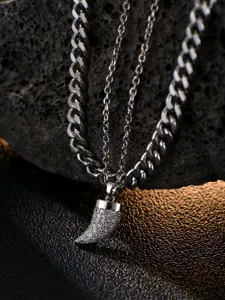 Modische Herren doppellagige Edelstahlkette mit funkelndem Horn Anhänger Schmuck
