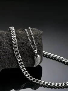 Herren Edelstahl doppelreihige Halskette Set mit Kordelkette und glänzender Horn Anhänger.