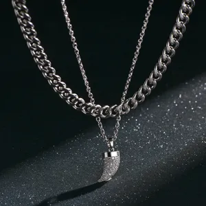 Modischer Edelstahl Doppelreihig Halsketten Set Für Herren Punk Panzerkette Mit Strass Horn Anhänger Personalisiert Schmuck Geschenk