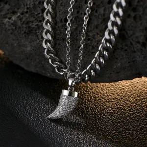 Herren doppellagige Edelstahl Halskette Set mit strassbesetztem Horn Anhänger Schmuck