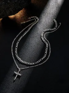 Stainless steel double layer Figaro chain necklace featuring a chic nail cross pendant for hip-hop style.