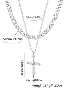 Hip hop fashion stainless steel double layered nail cross pendant Figaro chain necklace detail