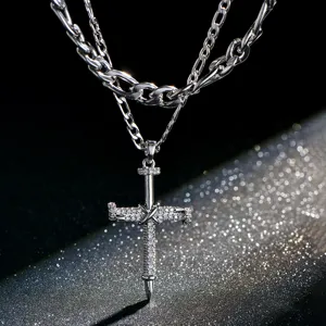 Hip Hop Stainless Steel Layered Necklace Copper Cross Pendant Necklace For Unisex Figaro Chain Zirconia Inlaid Jewelry Gift
